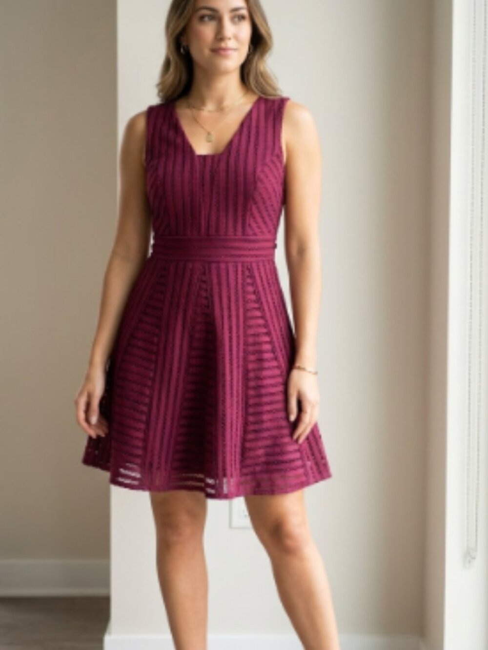 She + Sky Burgundy Wine Geometric Lace V-Neck Fit & Flare Mini Dress S